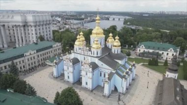 This stock video shows an aerial view of the St. Michaels Golden-Domed Cathedral in Kyiv, Ukraine in 8K resolution