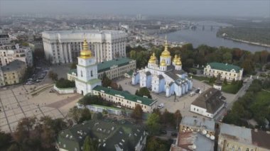 This stock video shows an aerial view of the St. Michaels Golden-Domed Cathedral in Kyiv, Ukraine in 8K resolution