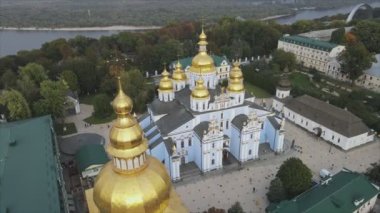This stock video shows an aerial view of the St. Michaels Golden-Domed Cathedral in Kyiv, Ukraine in 8K resolution