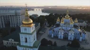 This stock video shows an aerial view of the St. Michaels Golden-Domed Cathedral in Kyiv, Ukraine in 8K resolution
