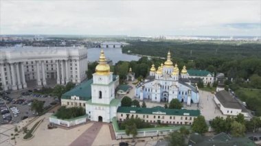This stock video shows an aerial view of the St. Michaels Golden-Domed Cathedral in Kyiv, Ukraine in 8K resolution