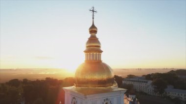 This stock video shows an aerial view of the St. Michaels Golden-Domed Cathedral in Kyiv, Ukraine in 8K resolution
