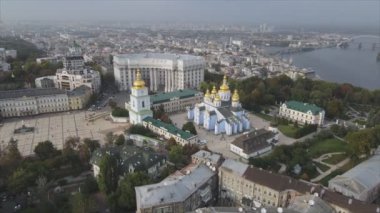 This stock video shows an aerial view of the St. Michaels Golden-Domed Cathedral in Kyiv, Ukraine in 8K resolution