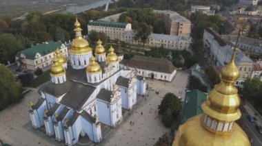 This stock video shows an aerial view of the St. Michaels Golden-Domed Cathedral in Kyiv, Ukraine in 8K resolution