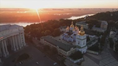 This stock video shows an aerial view of the St. Michaels Golden-Domed Cathedral in Kyiv, Ukraine in 8K resolution