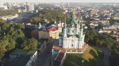 This stock video shows an aerial view of St. Andrews Church in Kyiv, Ukraine in 8K resolution