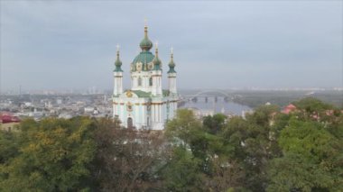 This stock video shows an aerial view of St. Andrews Church in Kyiv, Ukraine in 8K resolution