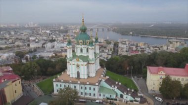 This stock video shows an aerial view of St. Andrews Church in Kyiv, Ukraine in 8K resolution