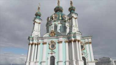 This stock video shows an aerial view of St. Andrews Church in Kyiv, Ukraine in 8K resolution