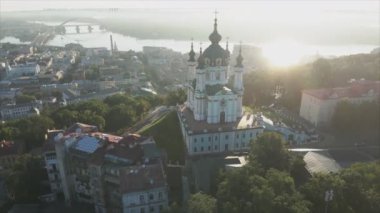 This stock video shows an aerial view of St. Andrews Church in Kyiv, Ukraine in 8K resolution