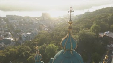 This stock video shows an aerial view of St. Andrews Church in Kyiv, Ukraine in 8K resolution