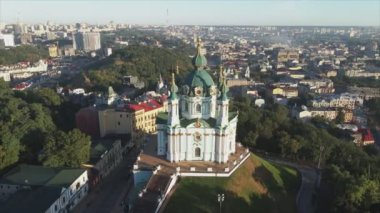 This stock video shows an aerial view of St. Andrews Church in Kyiv, Ukraine in 8K resolution