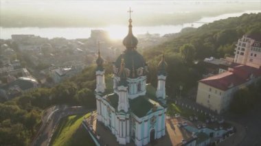 This stock video shows an aerial view of St. Andrews Church in Kyiv, Ukraine in 8K resolution