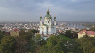 This stock video shows an aerial view of St. Andrews Church in Kyiv, Ukraine in 8K resolution
