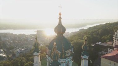 This stock video shows an aerial view of St. Andrews Church in Kyiv, Ukraine in 8K resolution