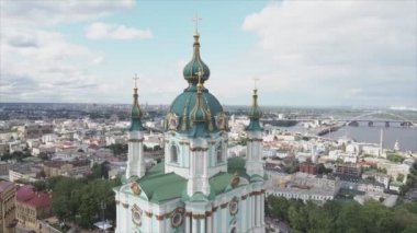 This stock video shows an aerial view of St. Andrews Church in Kyiv, Ukraine in 8K resolution