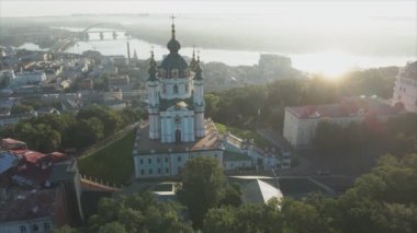 This stock video shows an aerial view of St. Andrews Church in Kyiv, Ukraine in 8K resolution