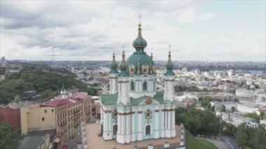 This stock video shows an aerial view of St. Andrews Church in Kyiv, Ukraine in 8K resolution