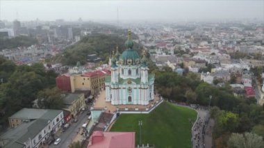 This stock video shows an aerial view of St. Andrews Church in Kyiv, Ukraine in 8K resolution