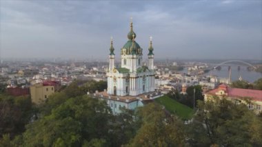 This stock video shows an aerial view of St. Andrews Church in Kyiv, Ukraine in 8K resolution