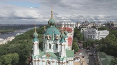 This stock video shows an aerial view of St. Andrews Church in Kyiv, Ukraine in 8K resolution