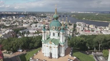 This stock video shows an aerial view of St. Andrews Church in Kyiv, Ukraine in 8K resolution
