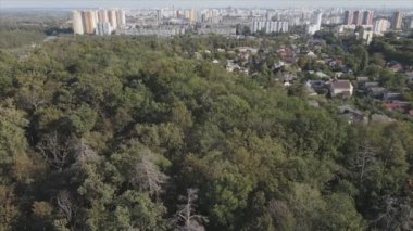This stock footage shows an aerial view of the border of a forest and a big city, Kyiv, Ukraine in 8K resolution