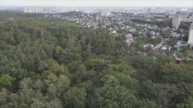 This stock footage shows an aerial view of the border of a forest and a big city, Kyiv, Ukraine in 8K resolution