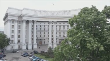 This stock video shows an aerial view of the building of the Ministry of Foreign Affairs of Ukraine in Kyiv in 8K resolution