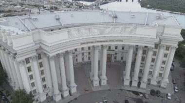 This stock video shows an aerial view of the building of the Ministry of Foreign Affairs of Ukraine in Kyiv in 8K resolution