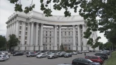 This stock video shows an aerial view of the building of the Ministry of Foreign Affairs of Ukraine in Kyiv in 8K resolution