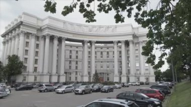 This stock video shows an aerial view of the building of the Ministry of Foreign Affairs of Ukraine in Kyiv in 8K resolution