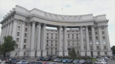 This stock video shows an aerial view of the building of the Ministry of Foreign Affairs of Ukraine in Kyiv in 8K resolution
