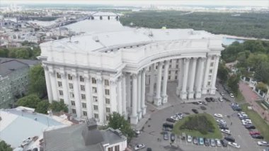 This stock video shows an aerial view of the building of the Ministry of Foreign Affairs of Ukraine in Kyiv in 8K resolution