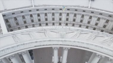 This stock video shows an aerial view of the building of the Ministry of Foreign Affairs of Ukraine in Kyiv in 8K resolution