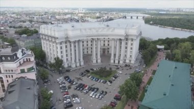 This stock video shows an aerial view of the building of the Ministry of Foreign Affairs of Ukraine in Kyiv in 8K resolution