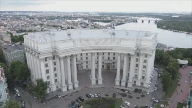This stock video shows an aerial view of the building of the Ministry of Foreign Affairs of Ukraine in Kyiv in 8K resolution