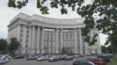 This stock video shows an aerial view of the building of the Ministry of Foreign Affairs of Ukraine in Kyiv in 8K resolution