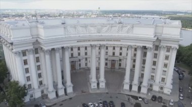 This stock video shows an aerial view of the building of the Ministry of Foreign Affairs of Ukraine in Kyiv in 8K resolution