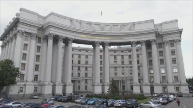 This stock video shows an aerial view of the building of the Ministry of Foreign Affairs of Ukraine in Kyiv in 8K resolution
