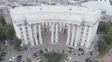 This stock video shows an aerial view of the building of the Ministry of Foreign Affairs of Ukraine in Kyiv in 8K resolution