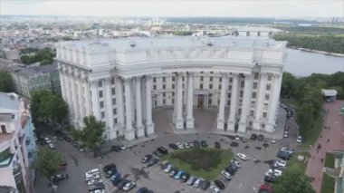 This stock video shows an aerial view of the building of the Ministry of Foreign Affairs of Ukraine in Kyiv in 8K resolution