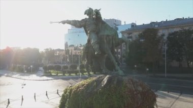 This stock footage shows aerial view of the monument to Bogdan Khmelnitsky in Kyiv, Ukraine in 8K resolution