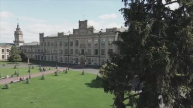This stock footage shows aeril view of the building of the Kyiv Polytechnic Institute, Ukraine in 8K resolution