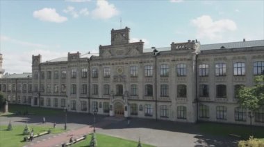 This stock footage shows aeril view of the building of the Kyiv Polytechnic Institute, Ukraine in 8K resolution