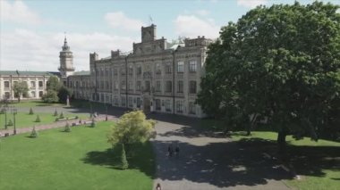 This stock footage shows aeril view of the building of the Kyiv Polytechnic Institute, Ukraine in 8K resolution