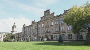 This stock footage shows aeril view of the building of the Kyiv Polytechnic Institute, Ukraine in 8K resolution