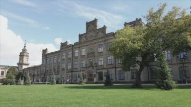 This stock footage shows aeril view of the building of the Kyiv Polytechnic Institute, Ukraine in 8K resolution