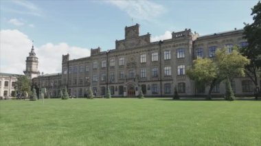This stock footage shows aeril view of the building of the Kyiv Polytechnic Institute, Ukraine in 8K resolution