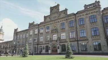 This stock footage shows aeril view of the building of the Kyiv Polytechnic Institute, Ukraine in 8K resolution